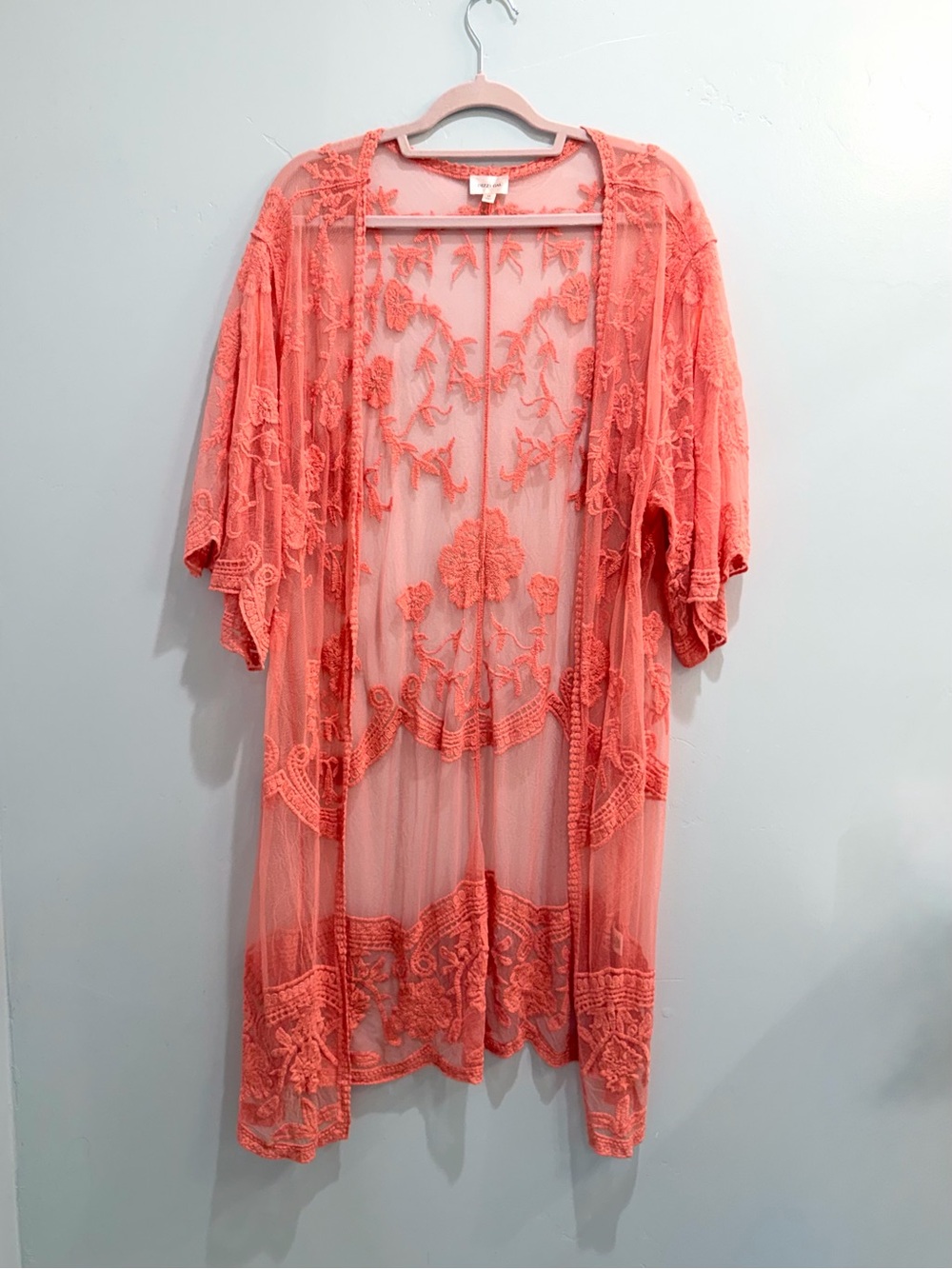 Dizzy Gal Coral Pink Floral Lace Sheer Mesh Long Kimono Duster Cardigan Medium - Picture 2 of 14